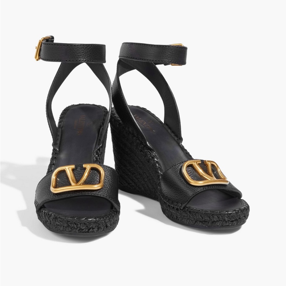 Valentino Black and Gold Wedges with Iconic V Logo